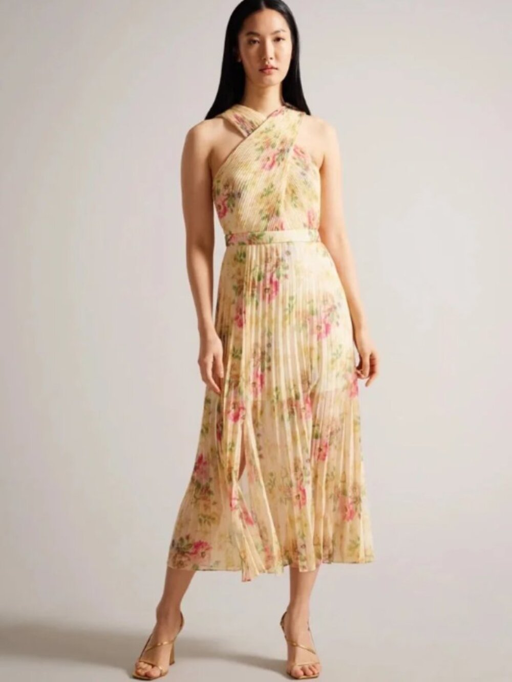 Ted Baker London Yellow Amerah Cross Front Pleated Midi Dress Size 0/US 2 NWT